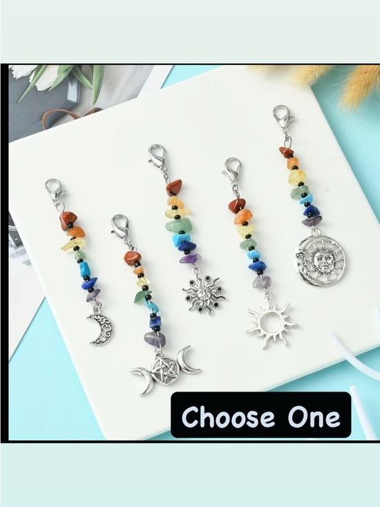 Accessories - Rainbow Boho Chakra Beaded Gemstone Bagcharm with Sun & Moon Pendants Choose One